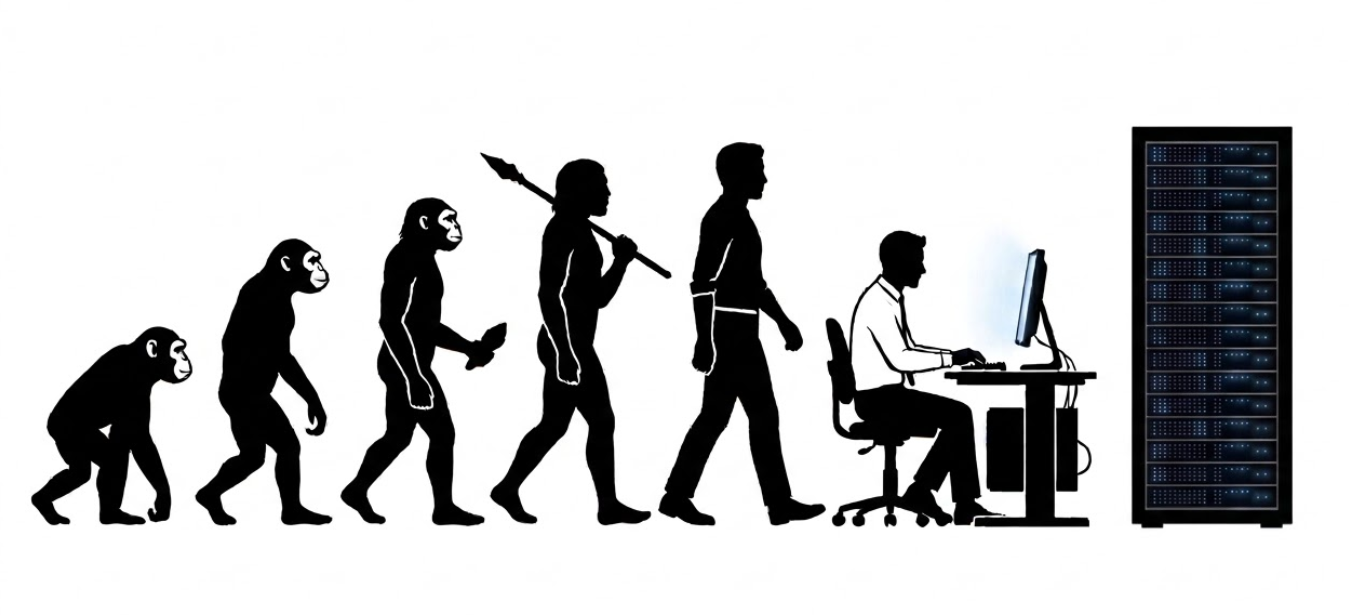 The march of progress, from ape to office worker to server rack